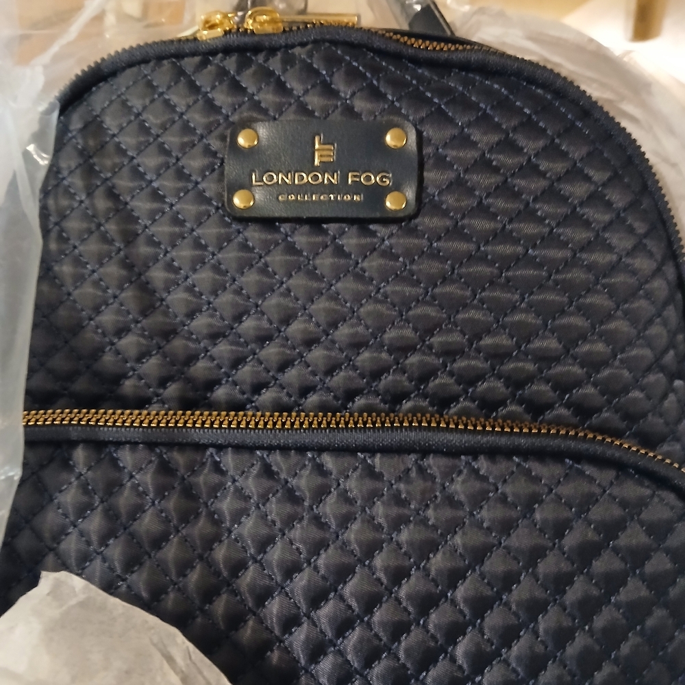 London Fog Quilted Backpack - Navy and Gold